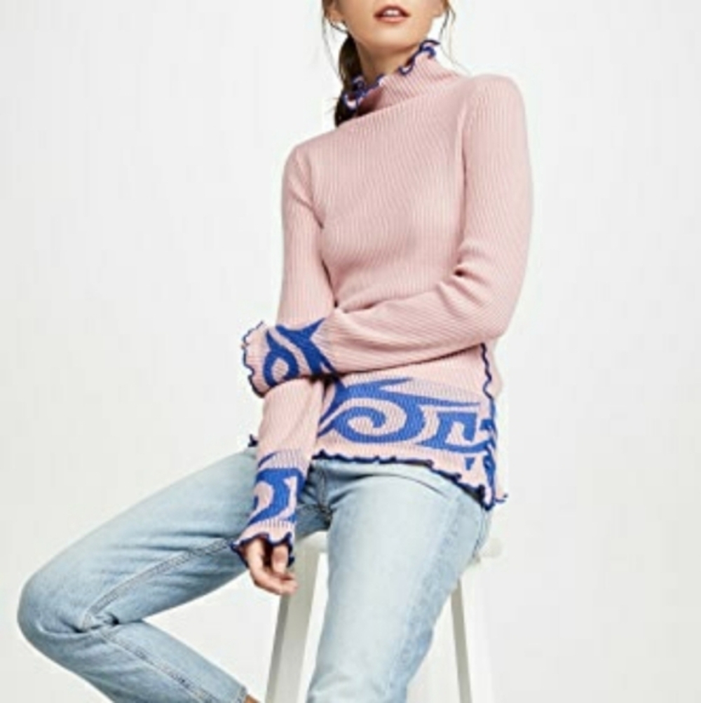 NWT Joostricot Pink Blue Tribal Turtleneck Pullover Knit Sweater‎ Sz L